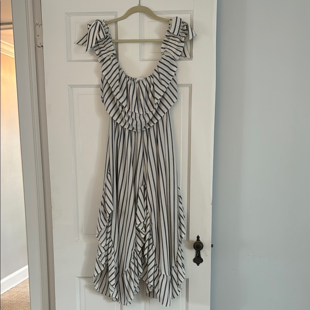Misa Los Angeles Navy Blue and White Striped Maxi Dress